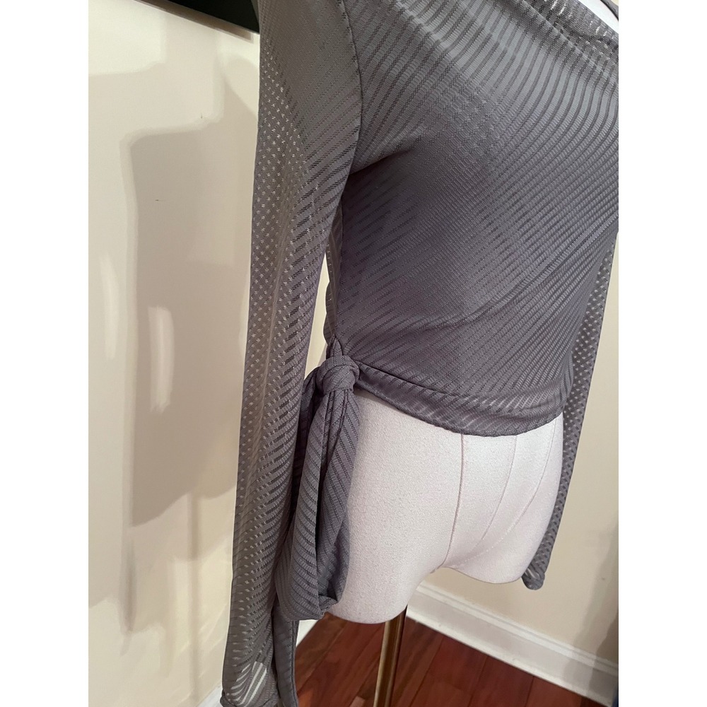 NWT Maniere De Voir Grey Mesh Asymmetric Cutout Wrap Crop Top Long Sleeve US 8 - Picture 6 of 8